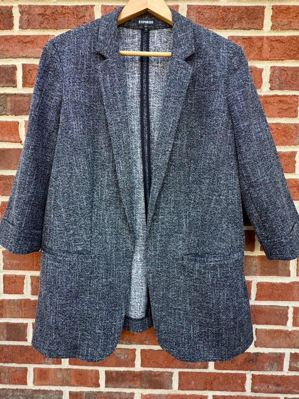 Express Textured Open Front Blazer Womens Large Black Tweed Corporate Chic